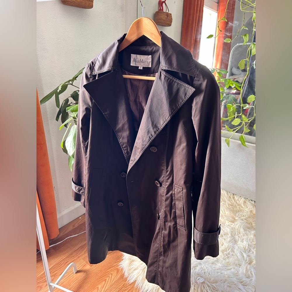 Vintage Max Mara Trench Coat Chocolate Brown Polyester Size Large Women’s